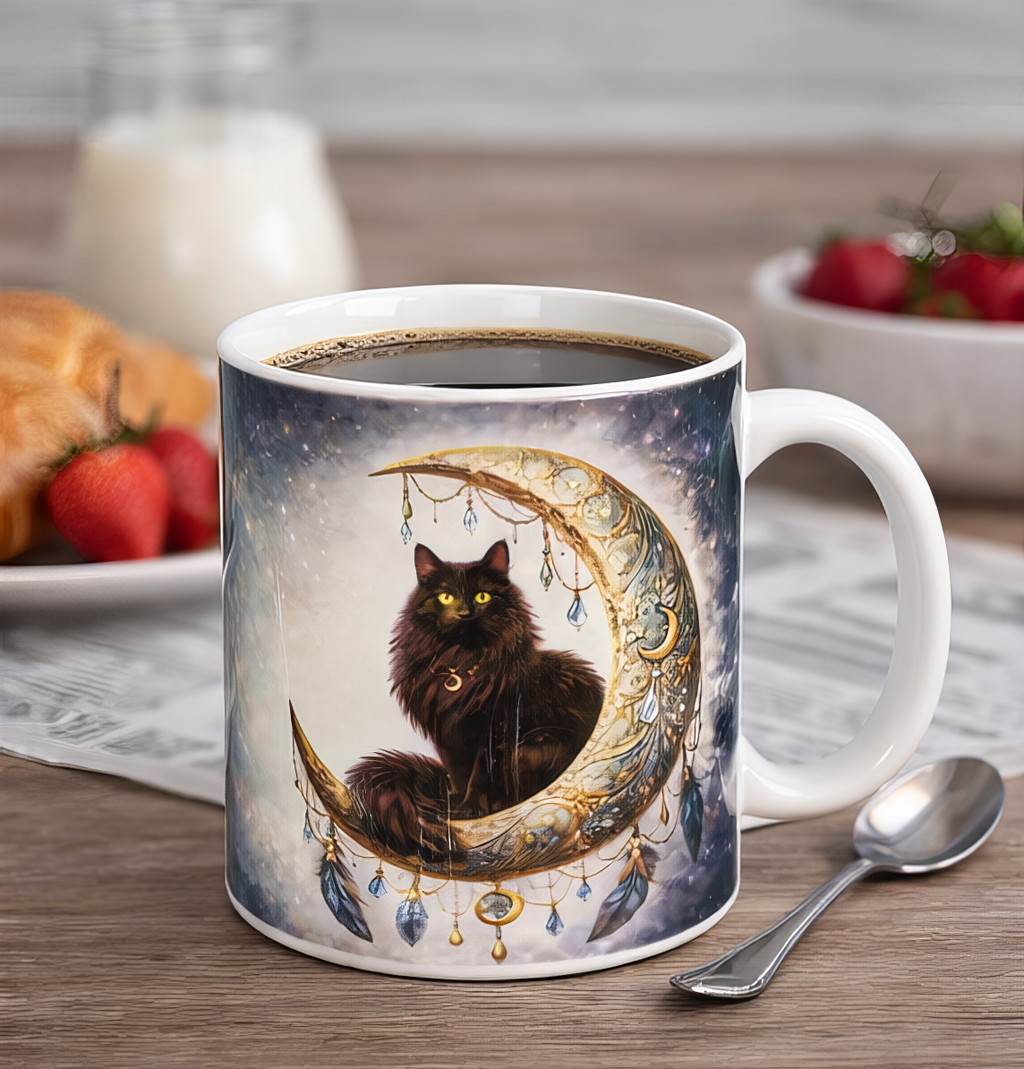 Black Cat Moon Ceramic Mug 11oz Boho Gothic Coffee Cup Hand Wash Only