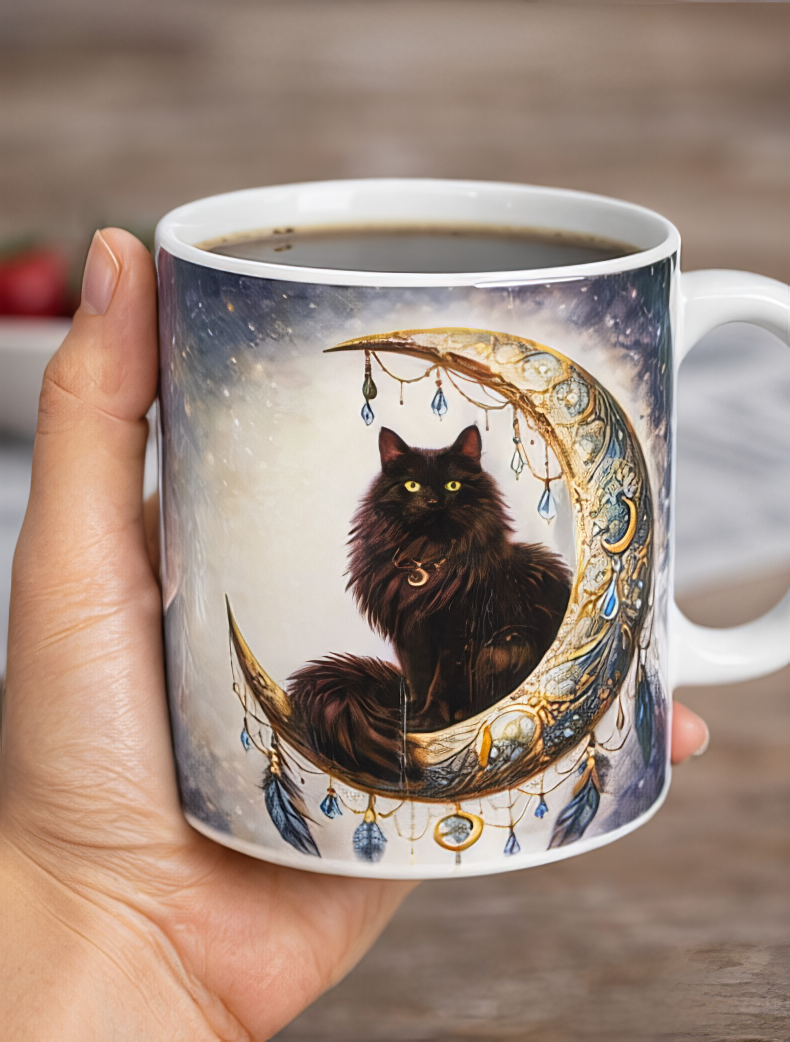 Black Cat Moon Ceramic Mug 11oz Boho Gothic Coffee Cup Hand Wash Only