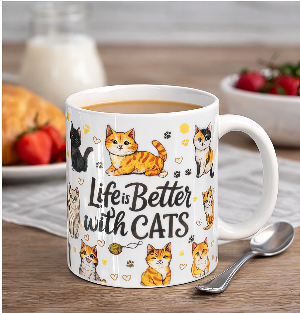 Life Is Better with Cats Ceramic Mug 11oz Cat Lover Coffee Cup Hand Wash