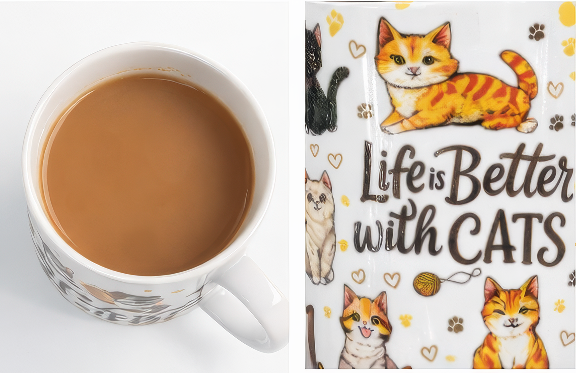 Life Is Better with Cats Ceramic Mug 11oz Cat Lover Coffee Cup Hand Wash