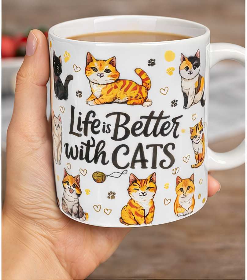 Life Is Better with Cats Ceramic Mug 11oz Cat Lover Coffee Cup Hand Wash