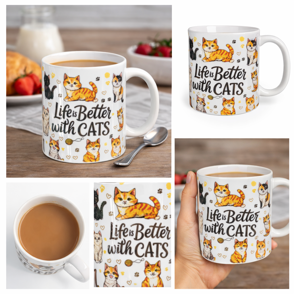 Life Is Better with Cats Ceramic Mug 11oz Cat Lover Coffee Cup Hand Wash