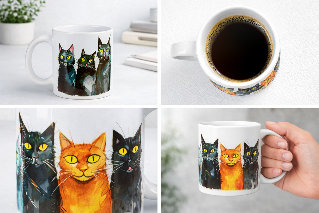 Colourful Abstract Cat Ceramic Mug 11oz Artistic Cat Lover Coffee Cup Gift, Hand