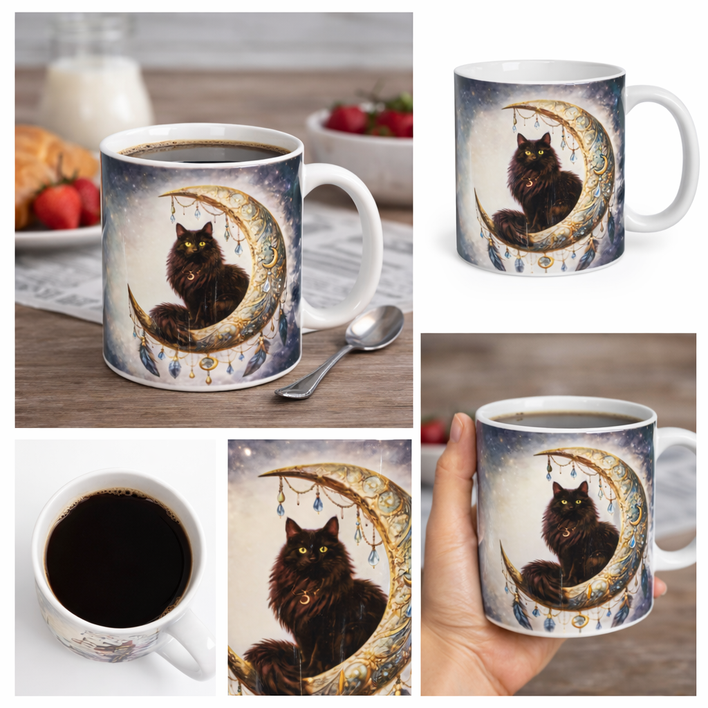 Black Cat Moon Ceramic Mug 11oz Boho Gothic Coffee Cup Hand Wash Only