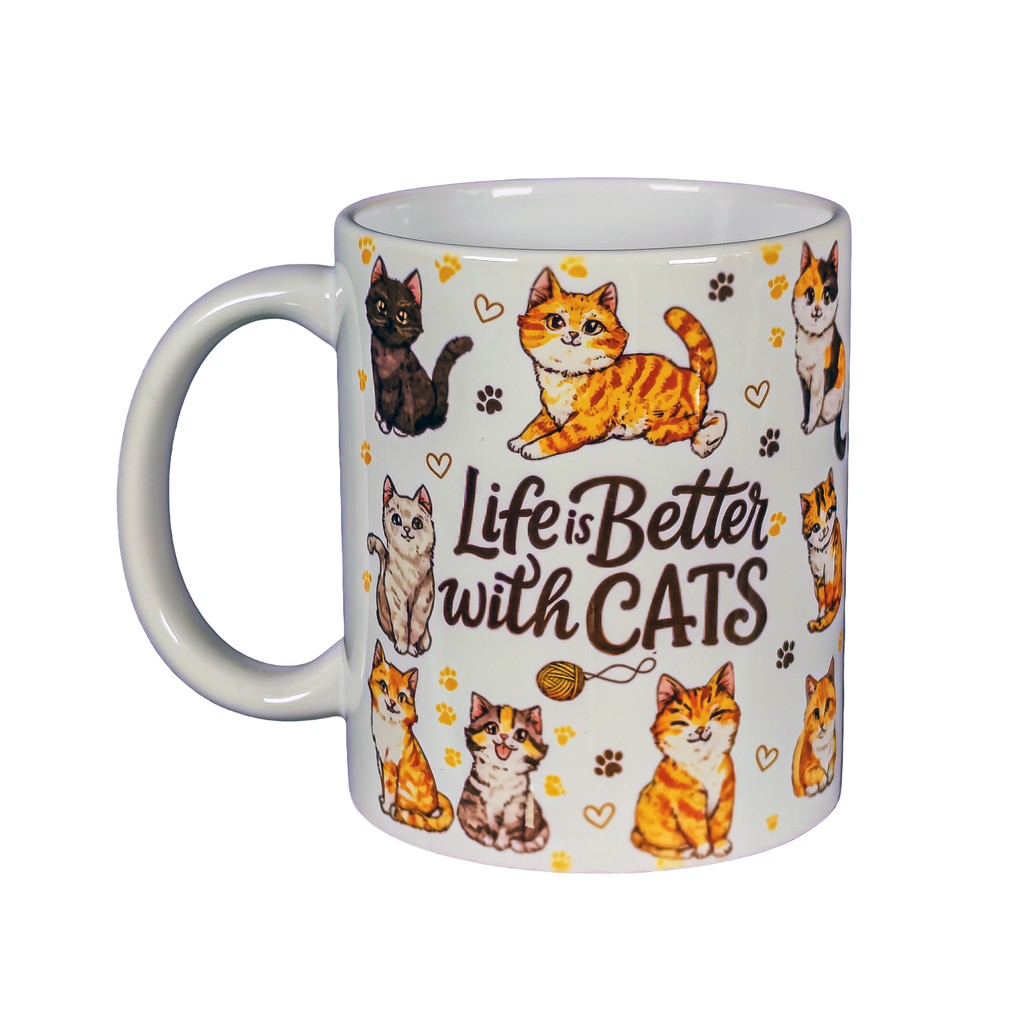 Life Is Better with Cats Ceramic Mug 11oz Cat Lover Coffee Cup Hand Wash