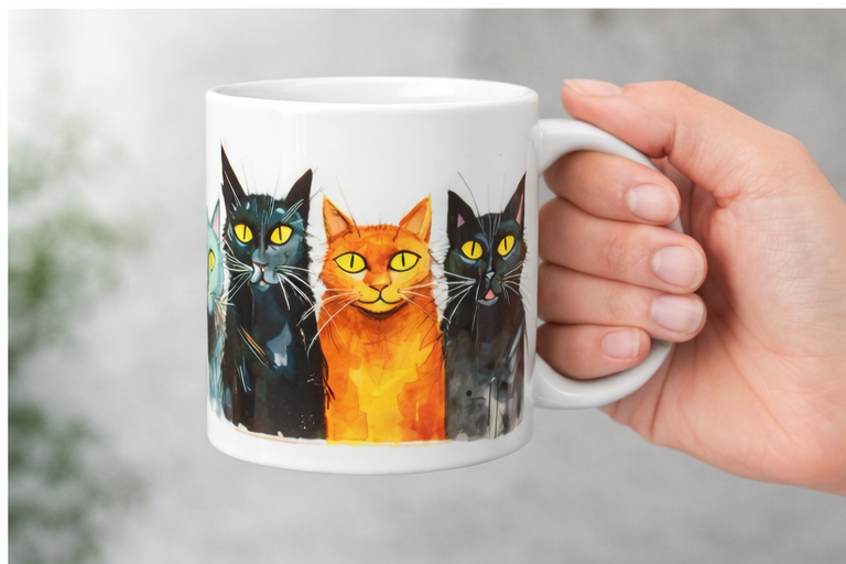 Colourful Abstract Cat Ceramic Mug 11oz Artistic Cat Lover Coffee Cup Gift, Hand